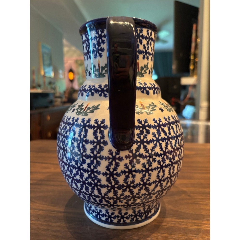 Boleslawiec Polish Pottery Pitcher Snowflake Holly Candle Hand Made Poland Blue - Picture 3 of 10